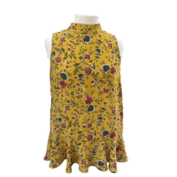Pleione Mustard Floral High-Neck Sleeveless Blouse Ruffle Hem Size Medium - Picture 1 of 6